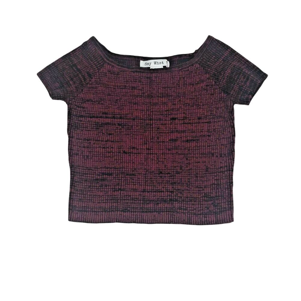 Say What Womens Crop Top Shirt Short Sleeve Stretch Knit Off Shoulder Sz M